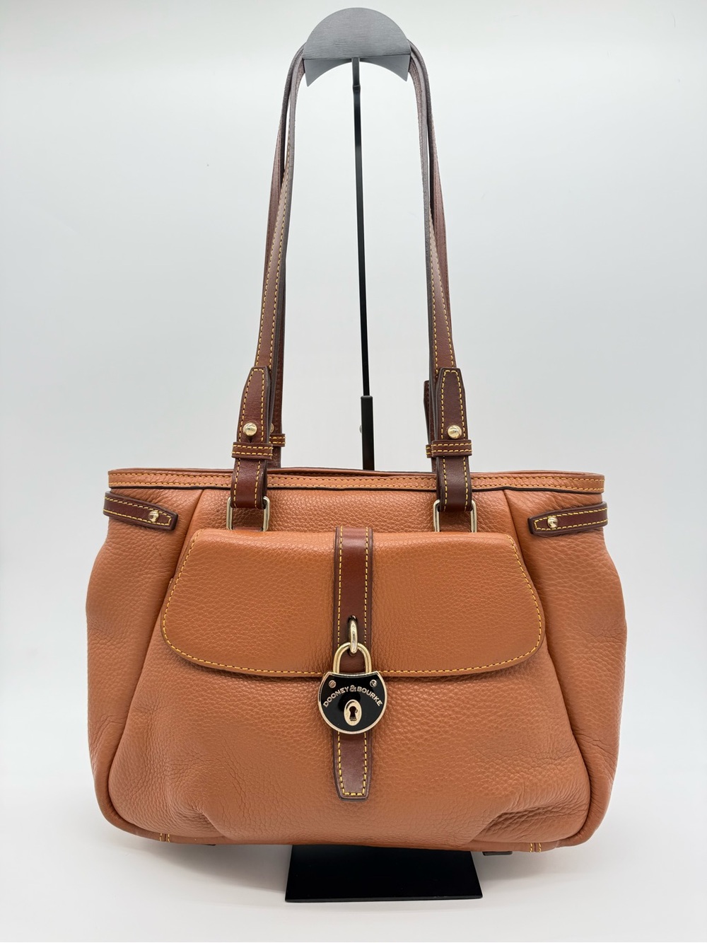 Dooney & Bourke Pebbled Leather Logo Lock Tote Brown Tan Shoulder Bag